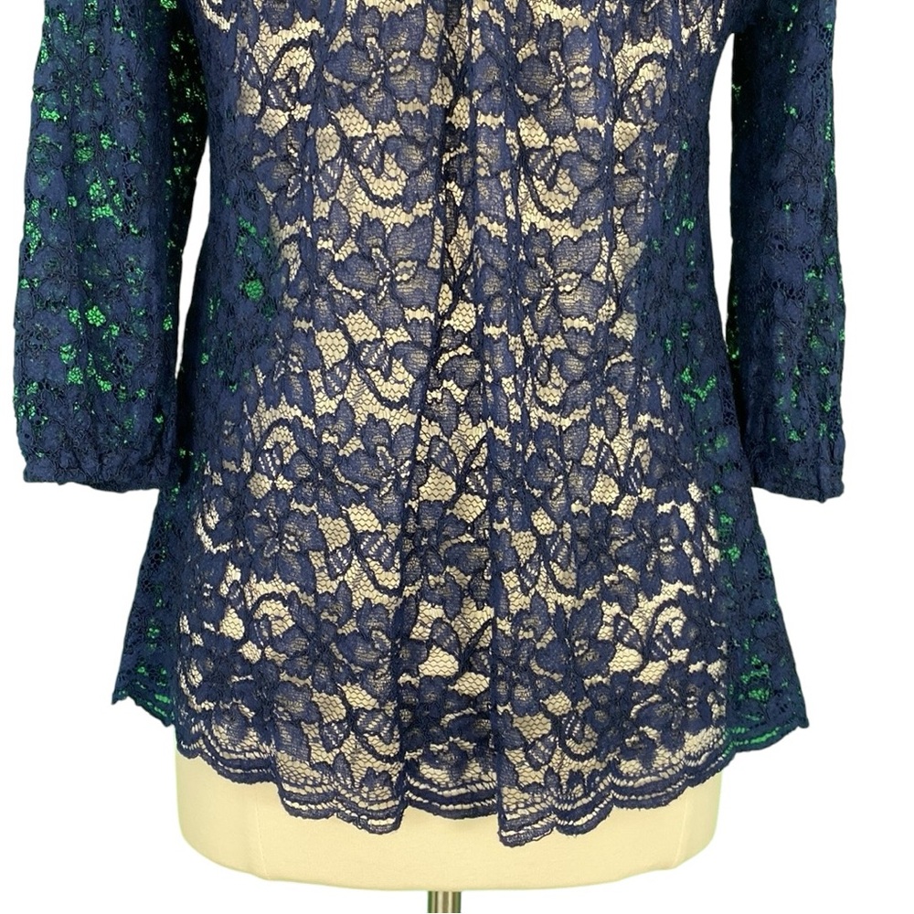 Diane Von Furstenberg DVF Elisabetta Navy Blue Sheer Floral Lace Dressy Blouse - Picture 11 of 16